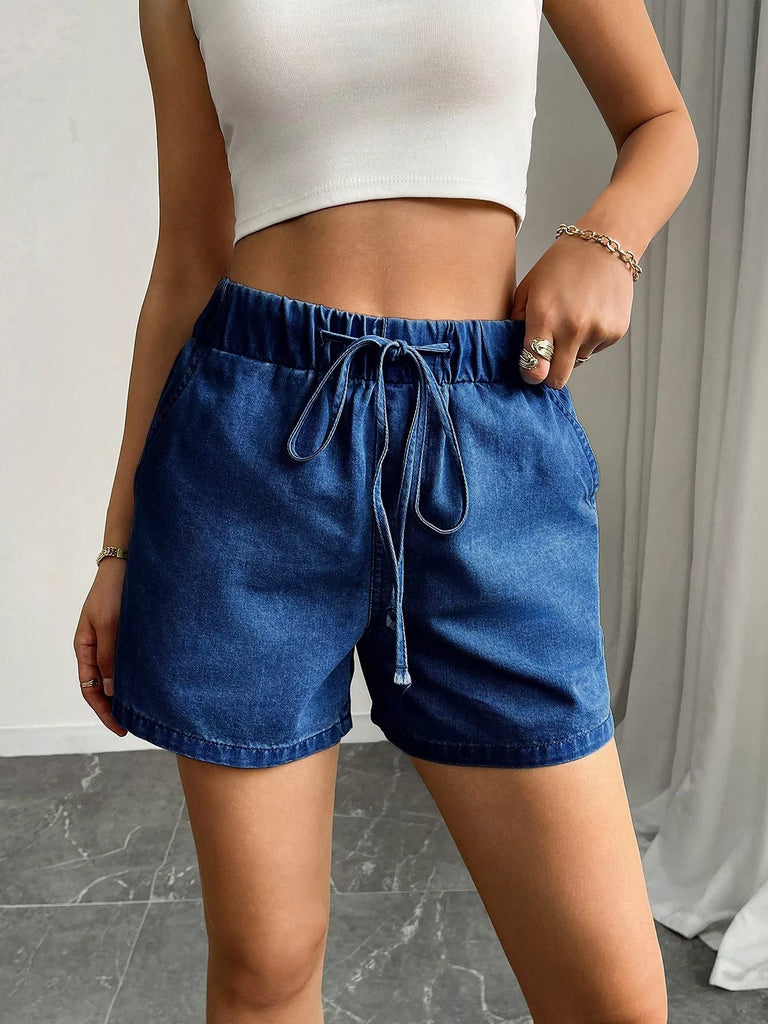 Drawstring High Waist Denim Shorts