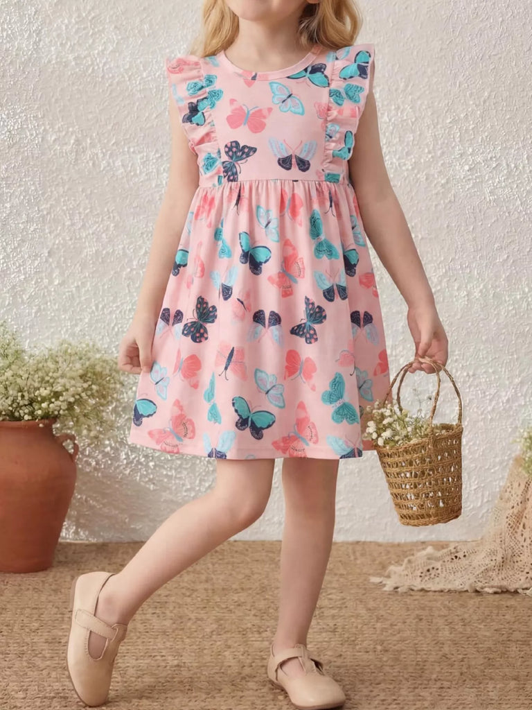 Children's Butterfly Print Ruffle Sleeve Dress
