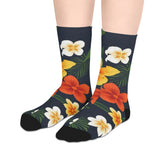 Tropical Floral Mid-Length Socks — Yellow & Orange Plumeria Design thumbnail 3