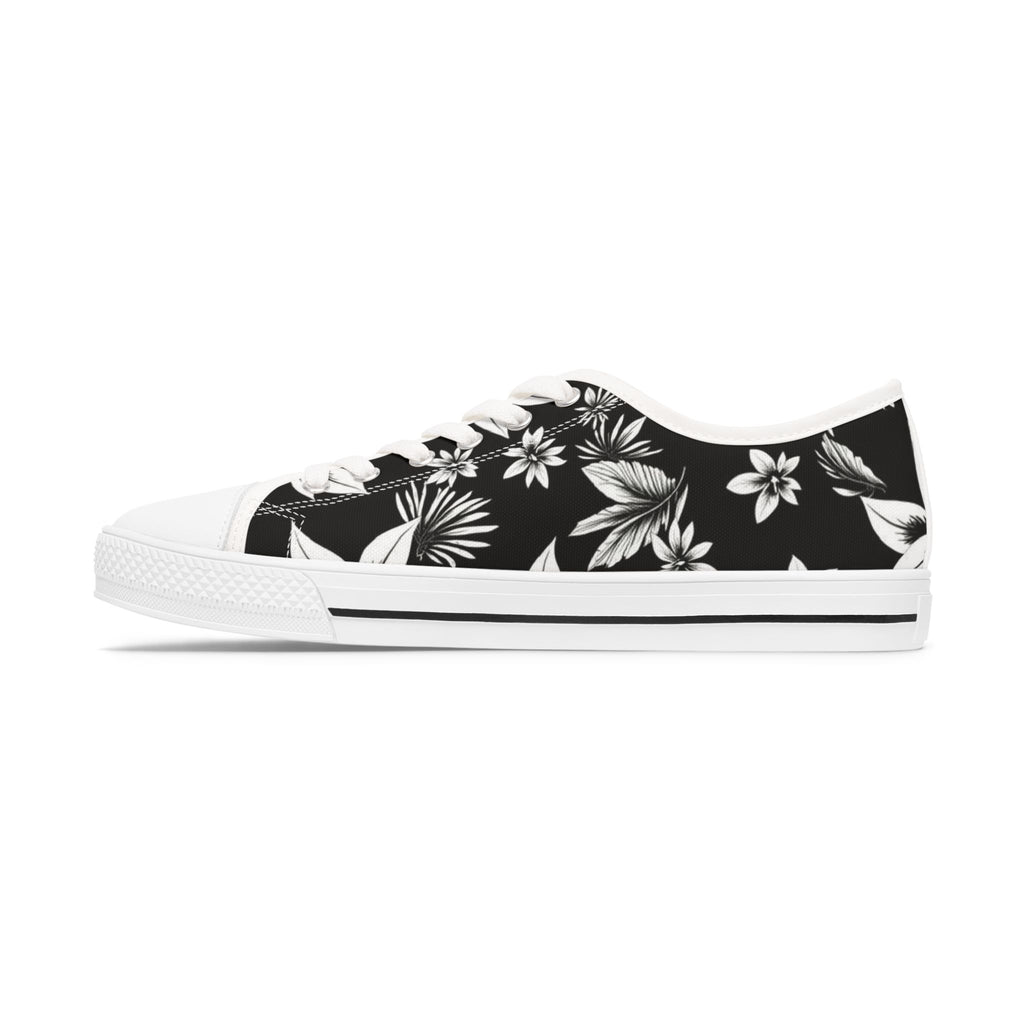 Low Top Sneakers — Black & White Floral Canvas Women's Casual Shoes