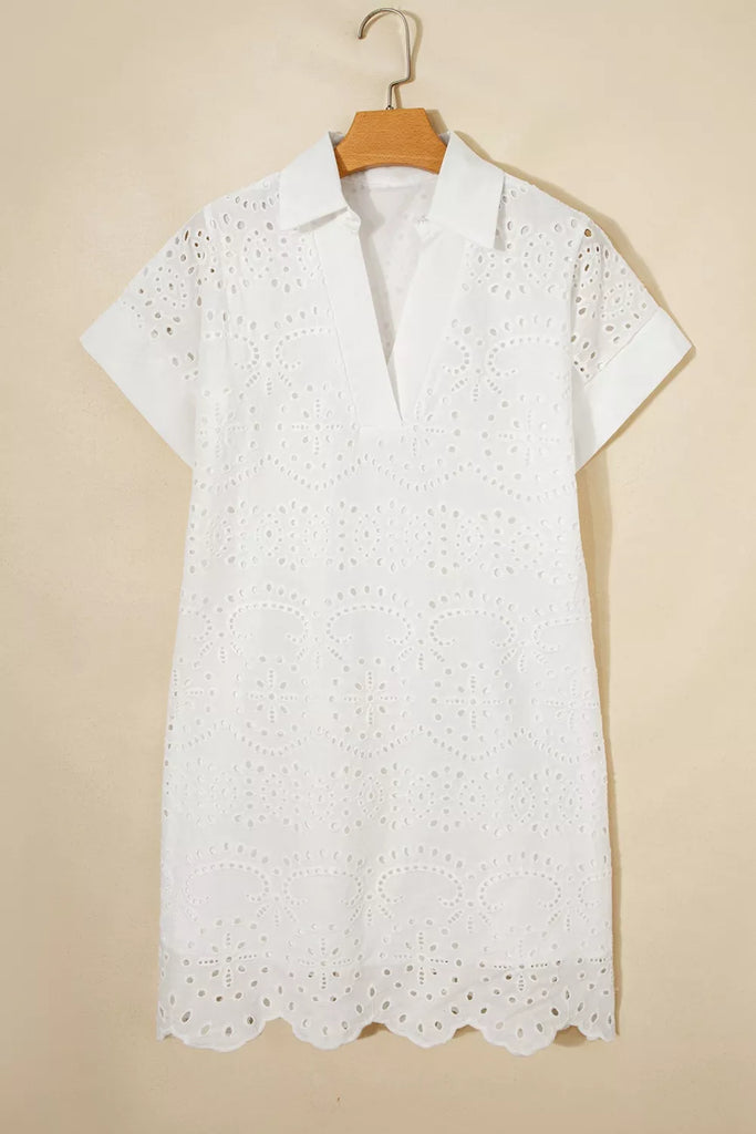 Solid Color Eyelet Embroidered T Shirt Mini Dress