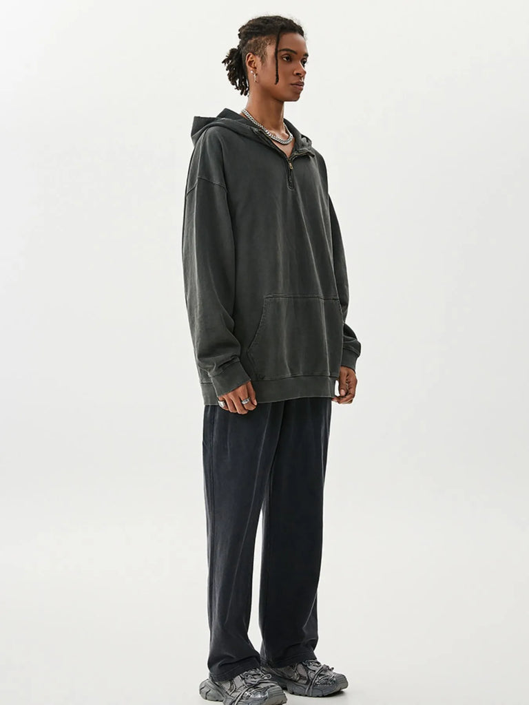 Men's Washed Quarter-Zip Hoodie with Kangaroo Pocket