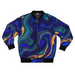 Bomber jacket with blue and green abstract pattern on a white background