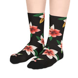 Tropical Plumeria Mid-Length Socks — Floral Black Crew Socks thumbnail 3