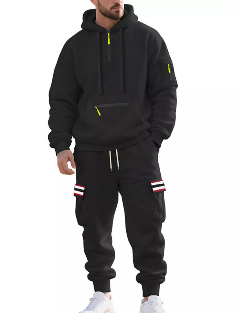 Men's Full Size Casual Half-Zip Hoodie and Cargo Pants Set Plus Size