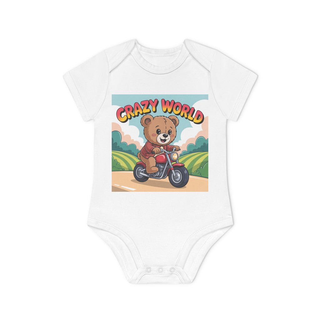 Baby Bodysuit - 'Crazy World' Teddy on Motorcycle | Cute Organic Short Sleeve Baby Onesie