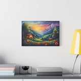 Sunset Valley Landscape Canvas Print — Cottage, Mountains & Wildflowers Matte Stretched thumbnail 1