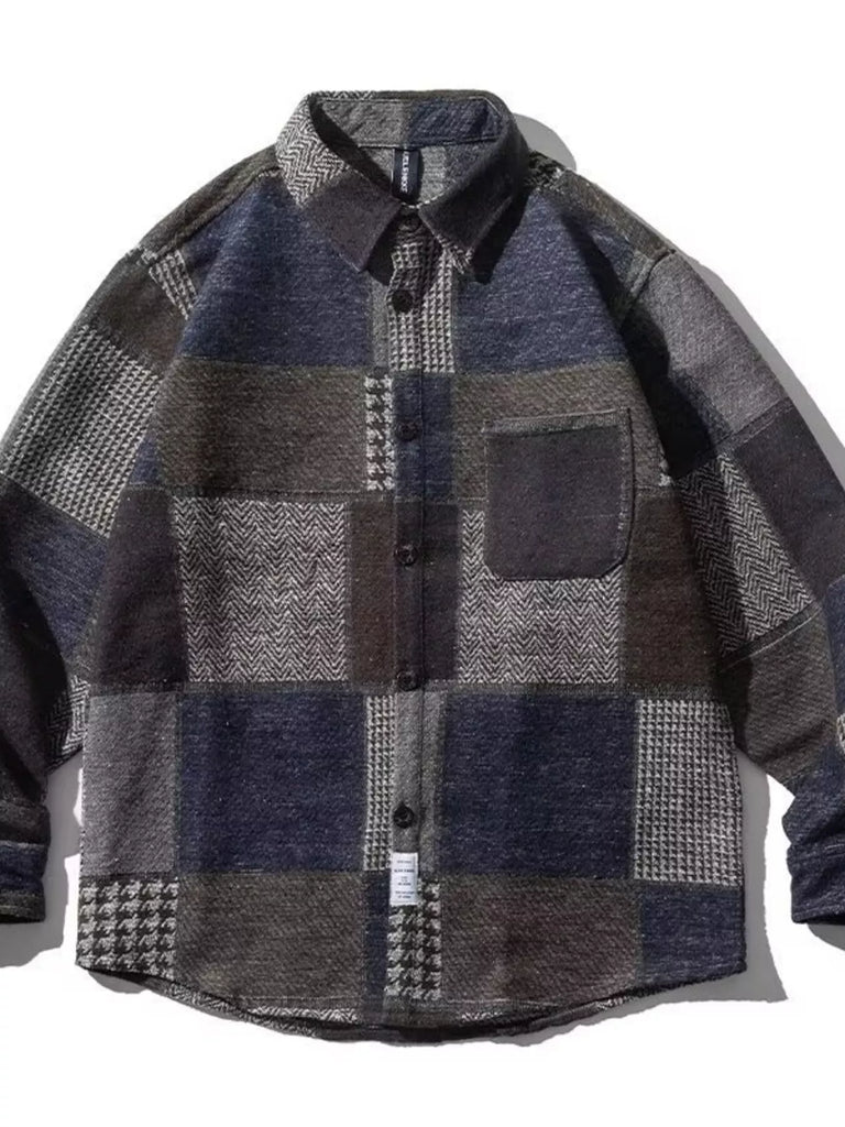 Men's Plus Size Plaid Patchwork Button Up Shacket
