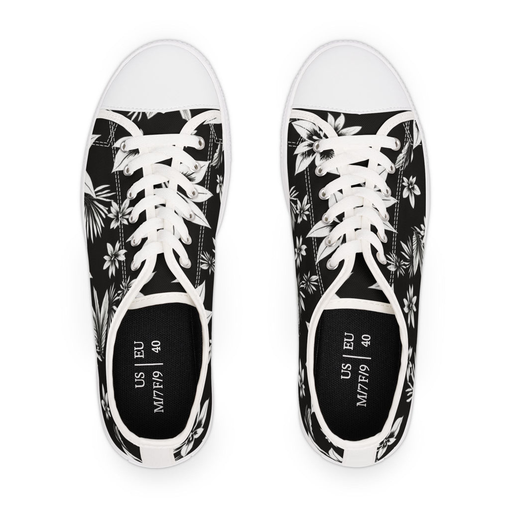 Low Top Sneakers — Black & White Floral Canvas Women's Casual Shoes