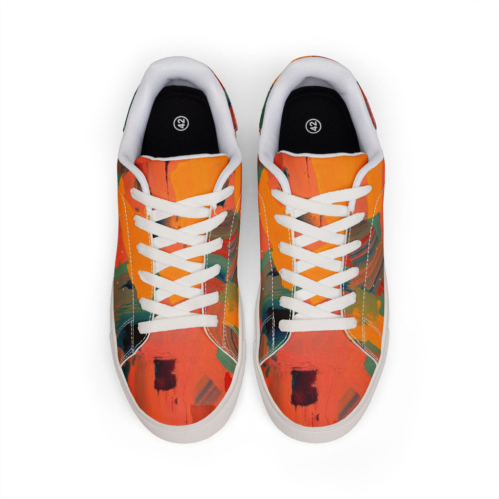Men's Low-Top Sneakers — Abstract Orange Art Leather Shoes