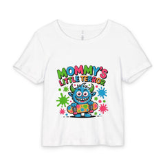 White t-shirt with colorful monster graphic and 'Mommy's Little Terror' text on a white background