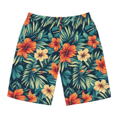 Tropical floral shorts with orange and yellow flowers on a dark green background