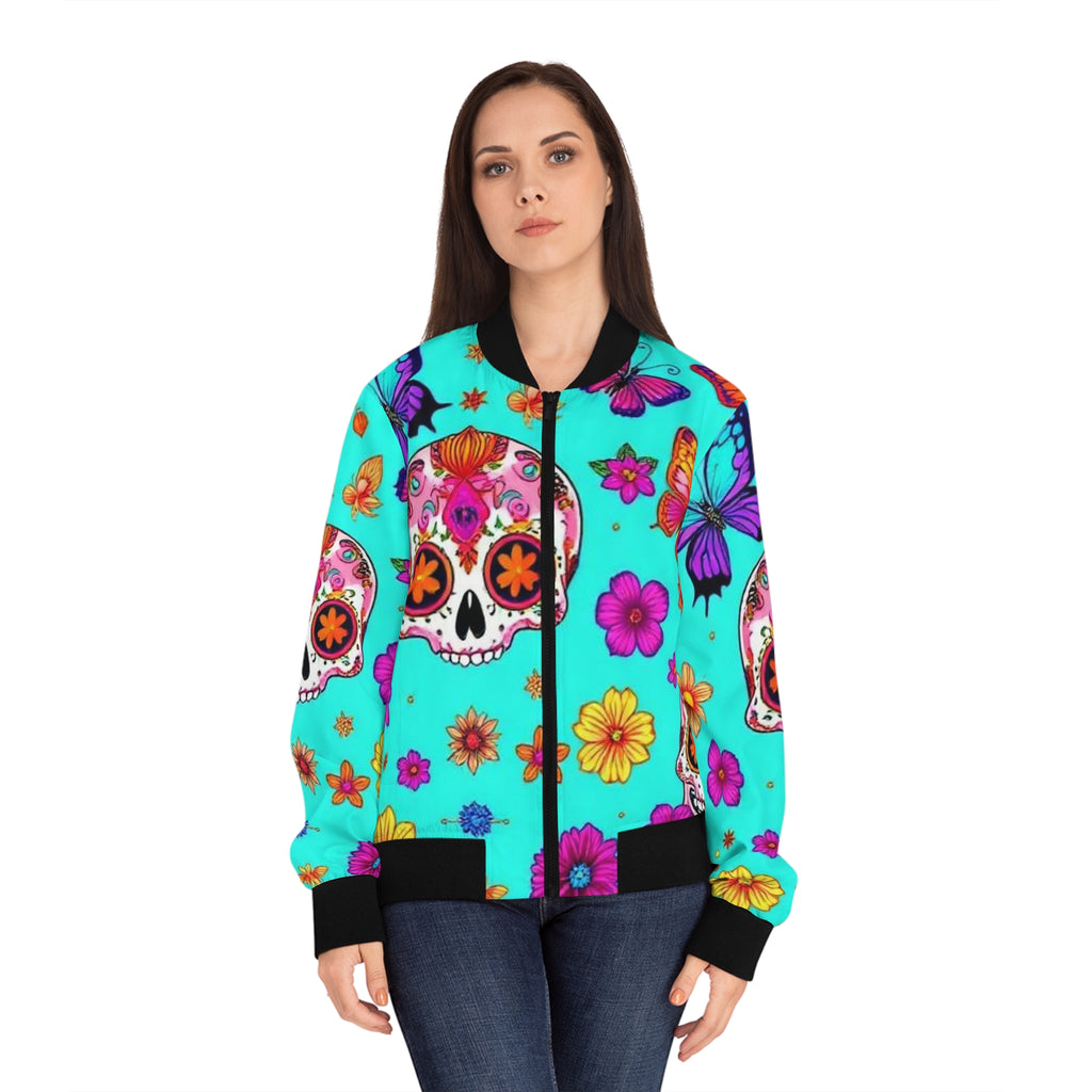 Day of the Dead Floral Bomber Jacket — Sugar Skull & Butterflies
