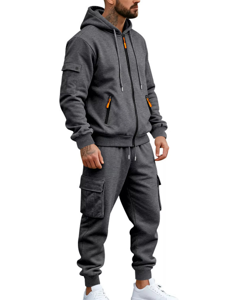 Men's Plus Size Casual Zip-Up Hoodie and Cargo Pants Set