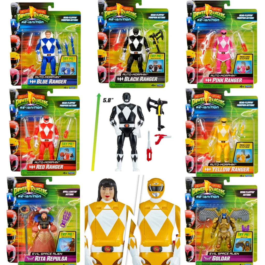 Mighty Morphin Power Rangers Re-Ignition Auto-Morphin Action Figures – Black Ranger, Red Ranger, Goldar, Rita Repulsa & Putty Patroller
