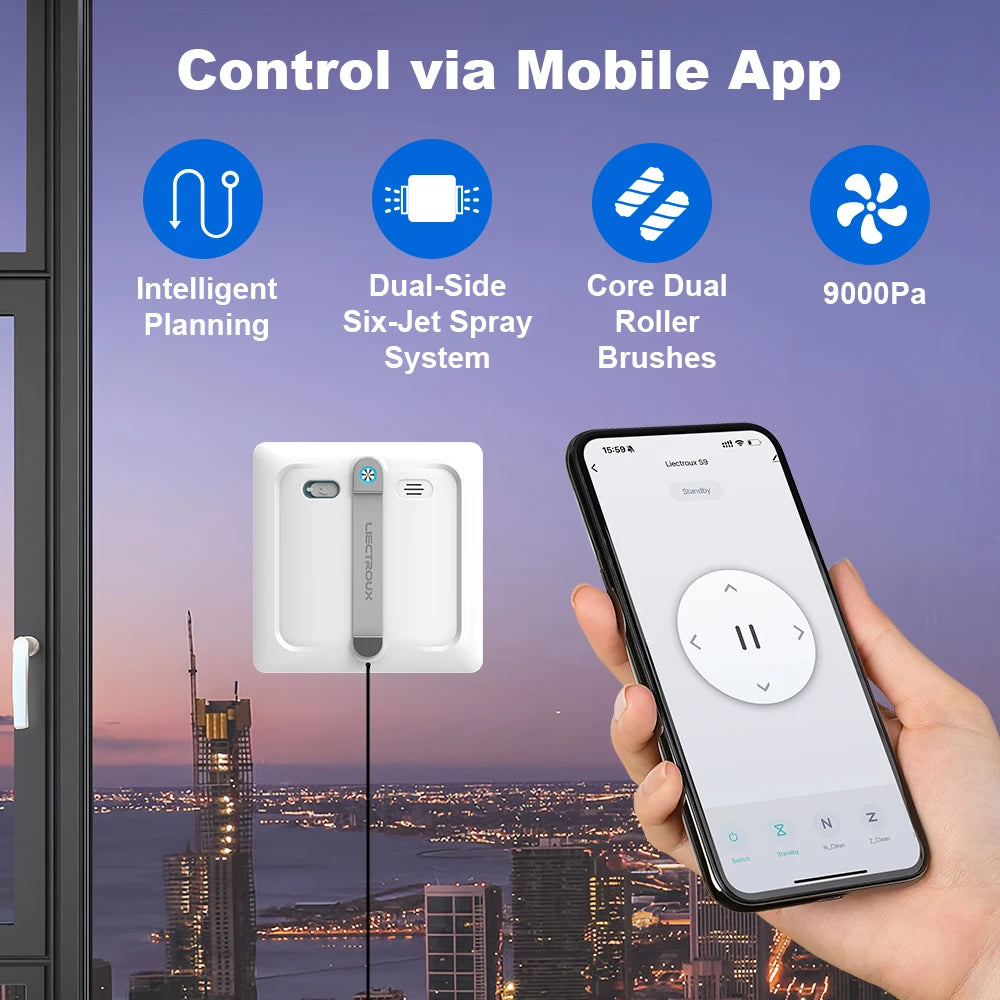 Liectroux S9 Window Cleaning Robot – 2 Roller Brushes, 6-Way Water Spray, 9KPa Suction, Frameless & App Control