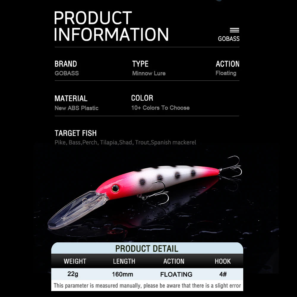 GOBASS 160mm Floating Minnow Fishing Lure – 22g Laser Crankbait for Freshwater & Saltwater | Trolling Wobbler Hard Bait