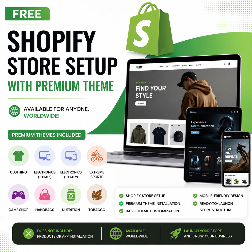 Free Shopify Store Setup with Premium Theme | Worldwide Service for Online Stores