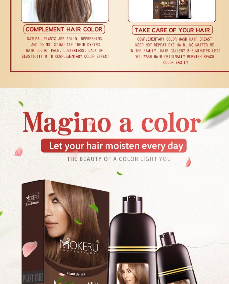 Mokeru Natural Organic Hair Color Shampoo – Permanent Long-Lasting Dye for Women & Men, Argan Oil Infused, 500ml