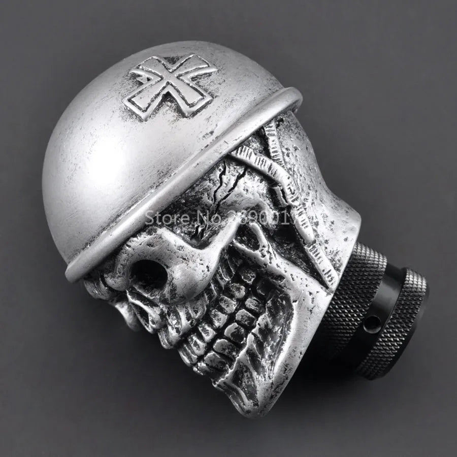 Silver Skull Helmet Universal Car Gear Shift Knob Lever – Heavy Resin & Metal Shifter for SUV, Truck, Coupe & Hatchback