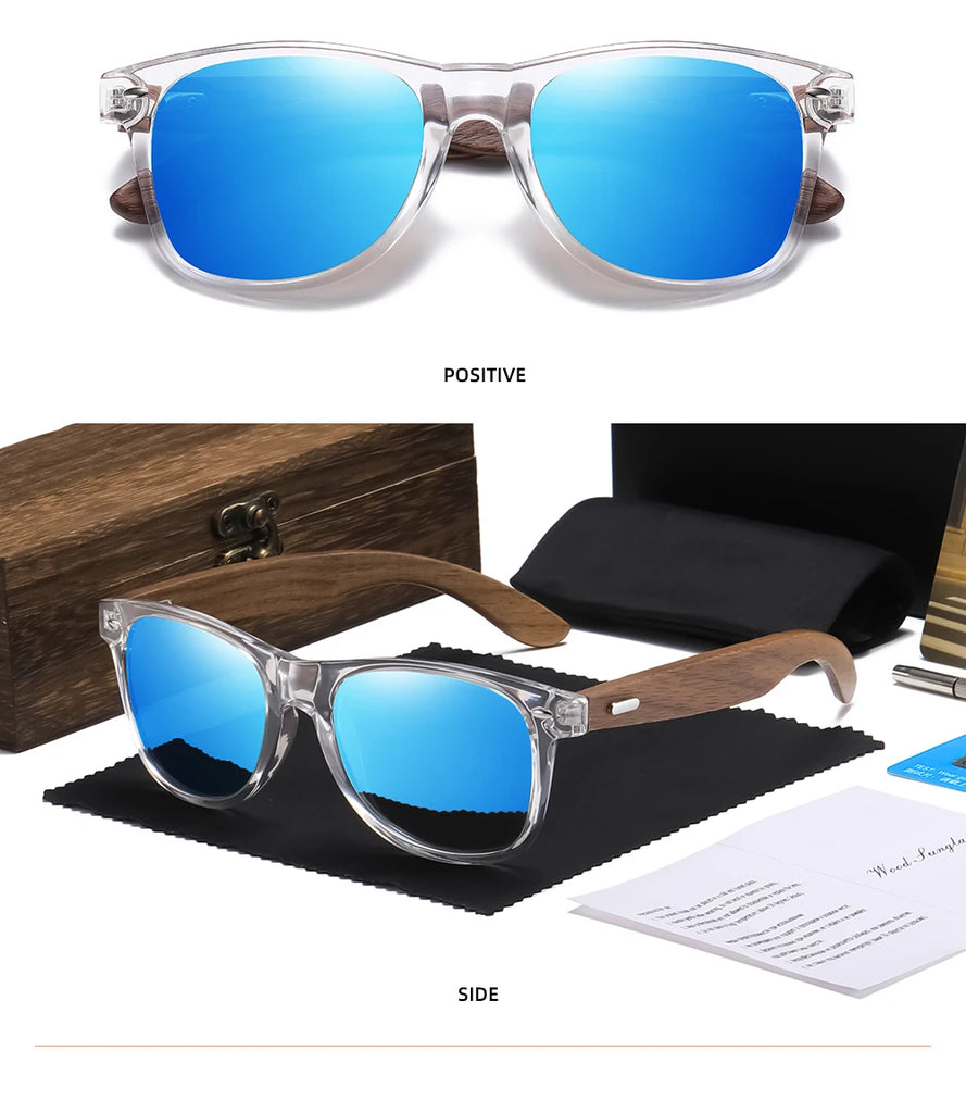 GM Transparent Color Frame Polarized Sunglasses – Handmade Wood Style UV400 Outdoor Shades with Box