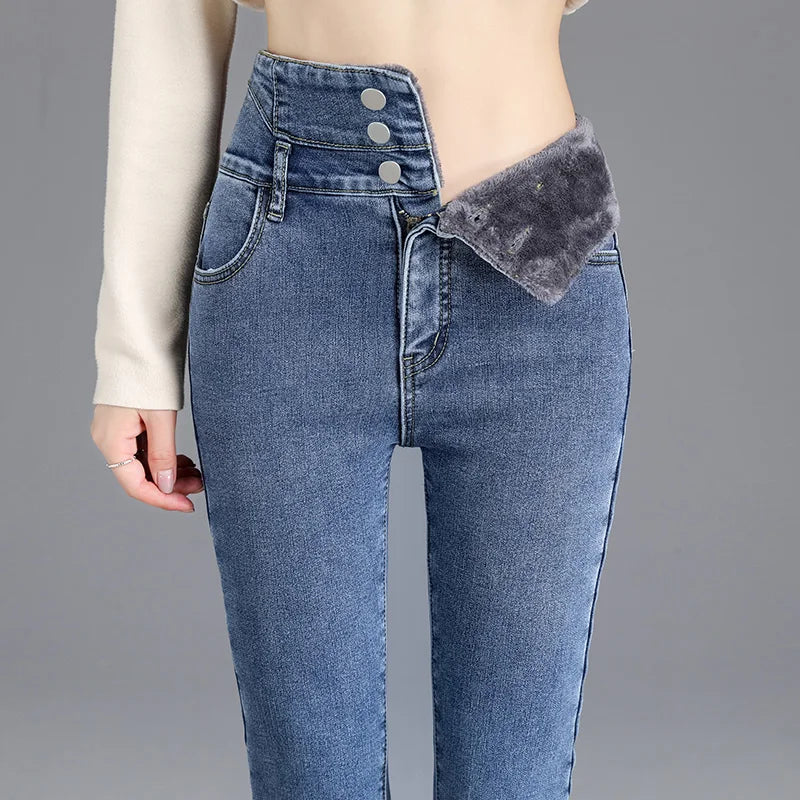 Thermal Fleece-Lined High-Waist Skinny Jeans for Women – Warm Stretch Winter Pencil Pants