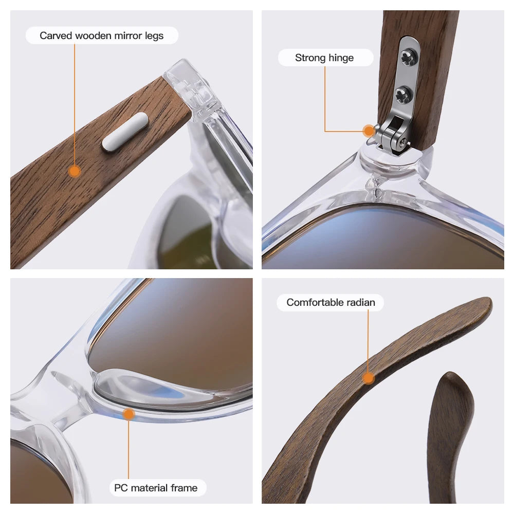 GM Transparent Color Frame Polarized Sunglasses – Handmade Wood Style UV400 Outdoor Shades with Box