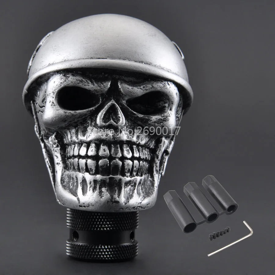 Silver Skull Helmet Universal Car Gear Shift Knob Lever – Heavy Resin & Metal Shifter for SUV, Truck, Coupe & Hatchback