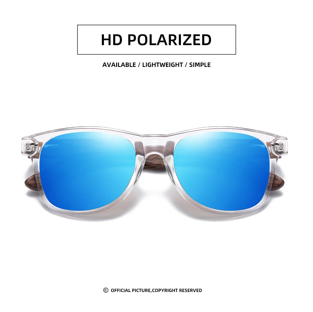 GM Transparent Color Frame Polarized Sunglasses – Handmade Wood Style UV400 Outdoor Shades with Box