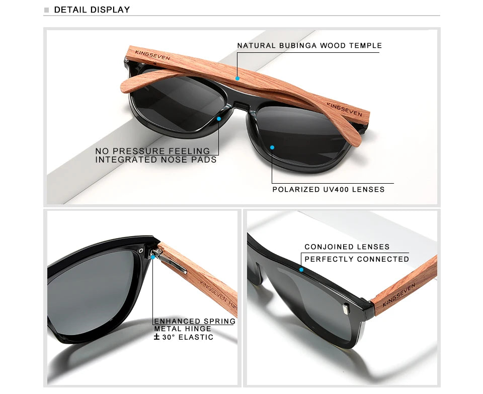 KINGSEVEN Natural Bubinga Wooden Polarized Sunglasses UV400 Square Frame B-5510