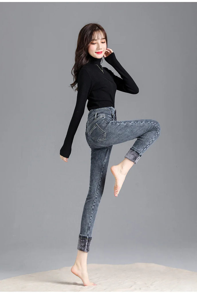 Thermal Fleece-Lined High-Waist Skinny Jeans for Women – Warm Stretch Winter Pencil Pants