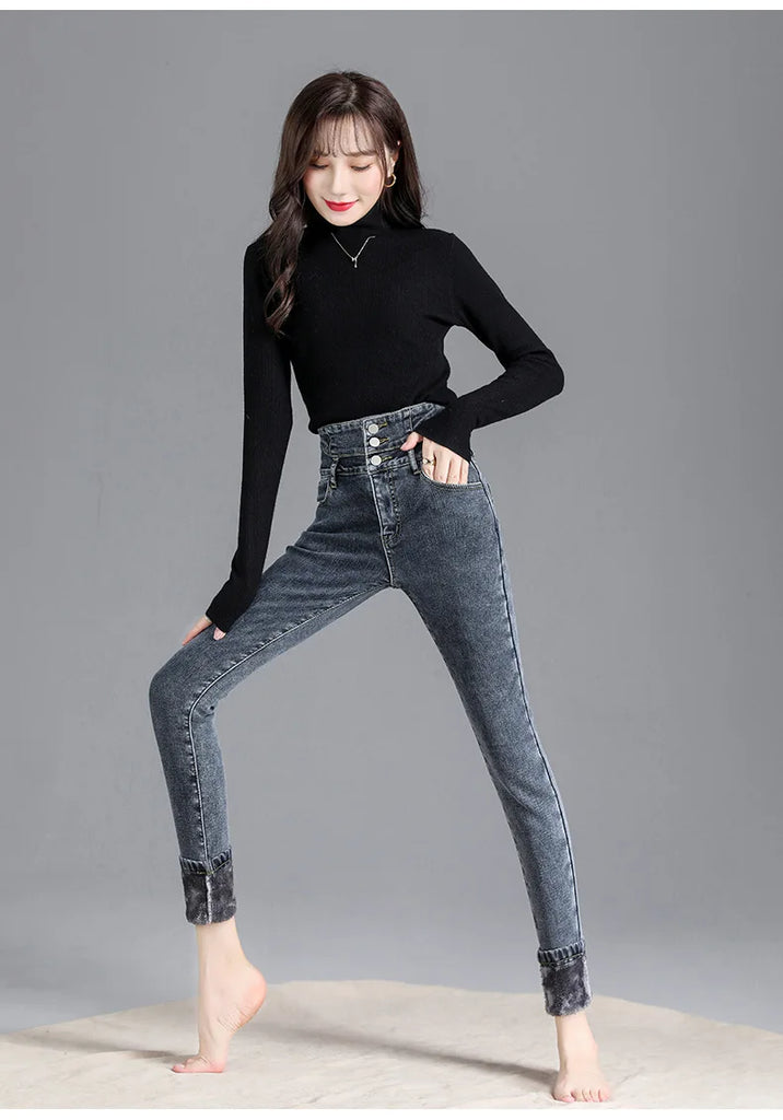 Thermal Fleece-Lined High-Waist Skinny Jeans for Women – Warm Stretch Winter Pencil Pants