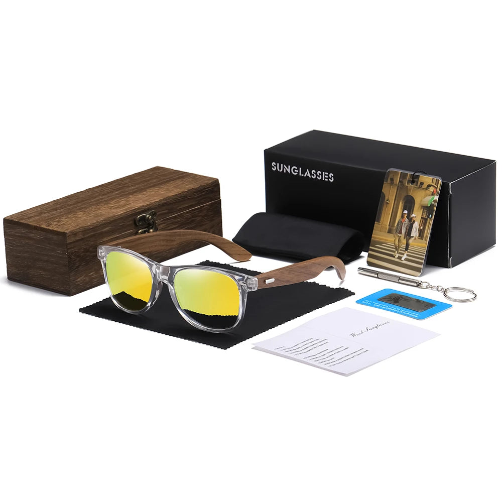 GM Transparent Color Frame Polarized Sunglasses – Handmade Wood Style UV400 Outdoor Shades with Box