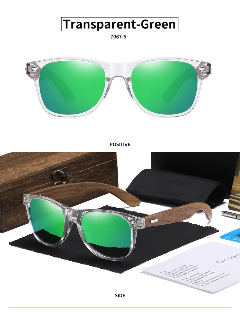 GM Transparent Color Frame Polarized Sunglasses – Handmade Wood Style UV400 Outdoor Shades with Box