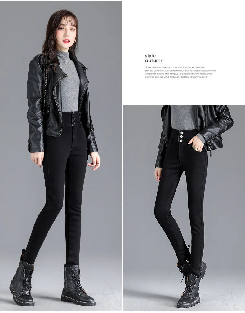 Thermal Fleece-Lined High-Waist Skinny Jeans for Women – Warm Stretch Winter Pencil Pants