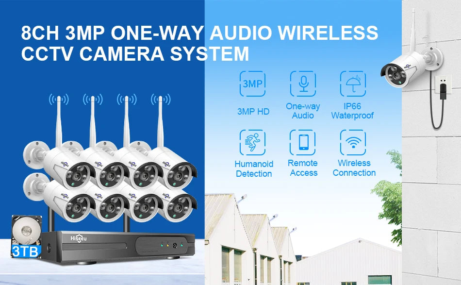 Hiseeu 3/5MP WiFi CCTV Camera Security System 10CH NVR Wireless Surveillance with IR Night Vision