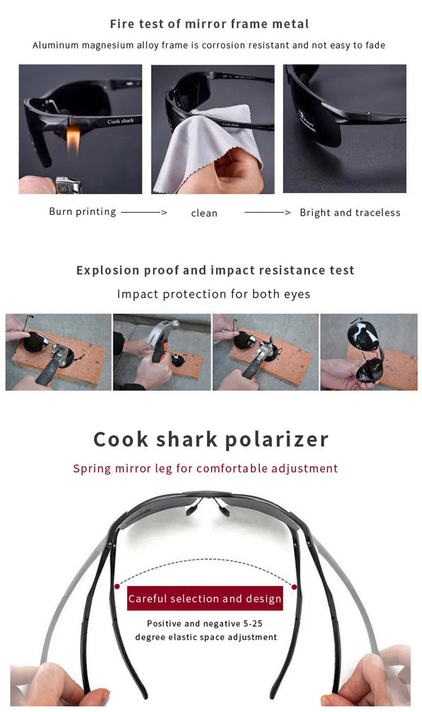 Cook Shark Aluminum-Magnesium HD Polarized Sunglasses for Men – UV400 Photochromic Driving Glasses