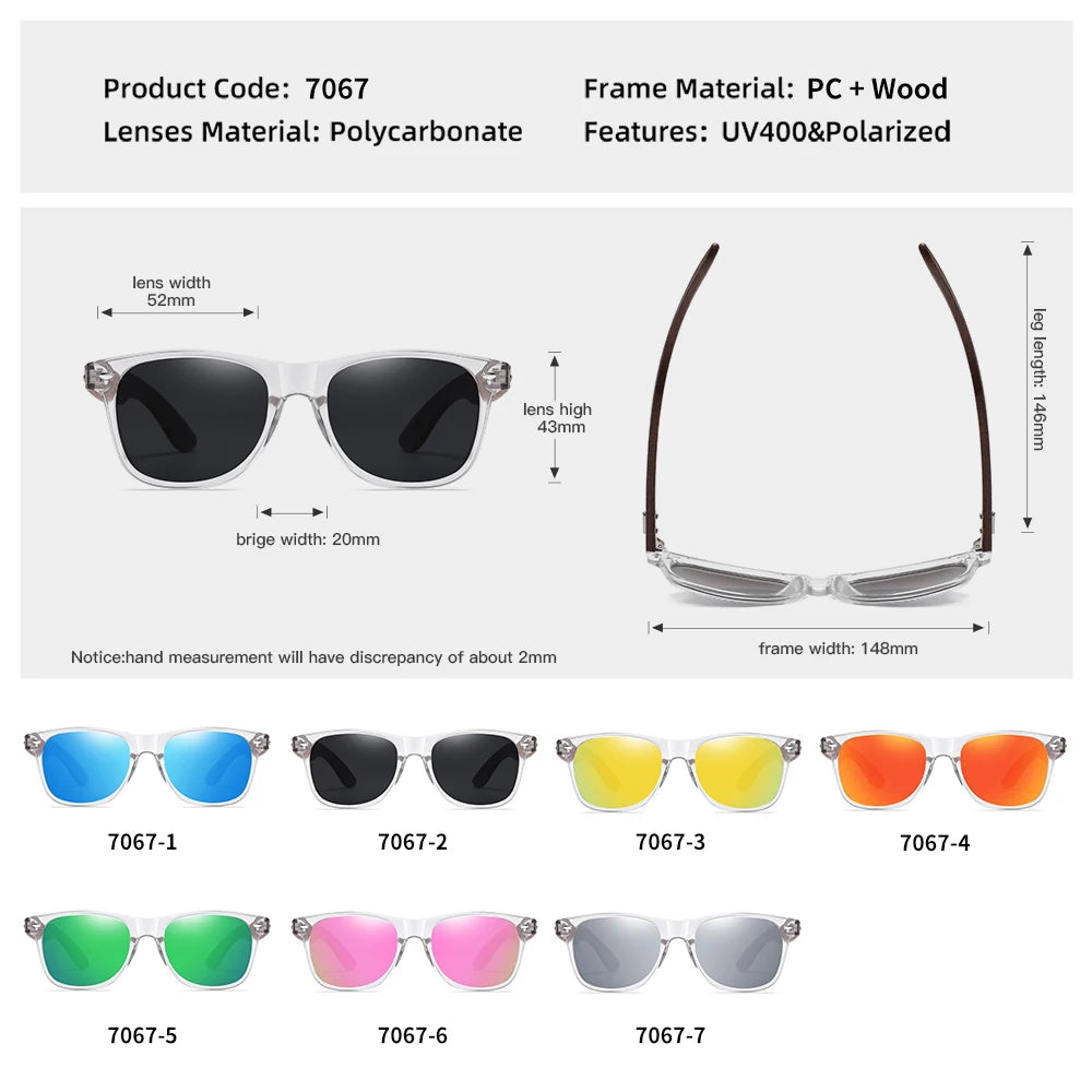 GM Transparent Color Frame Polarized Sunglasses – Handmade Wood Style UV400 Outdoor Shades with Box