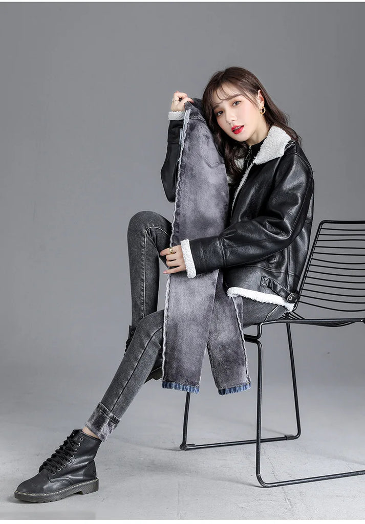 Thermal Fleece-Lined High-Waist Skinny Jeans for Women – Warm Stretch Winter Pencil Pants