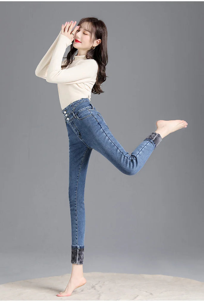 Thermal Fleece-Lined High-Waist Skinny Jeans for Women – Warm Stretch Winter Pencil Pants
