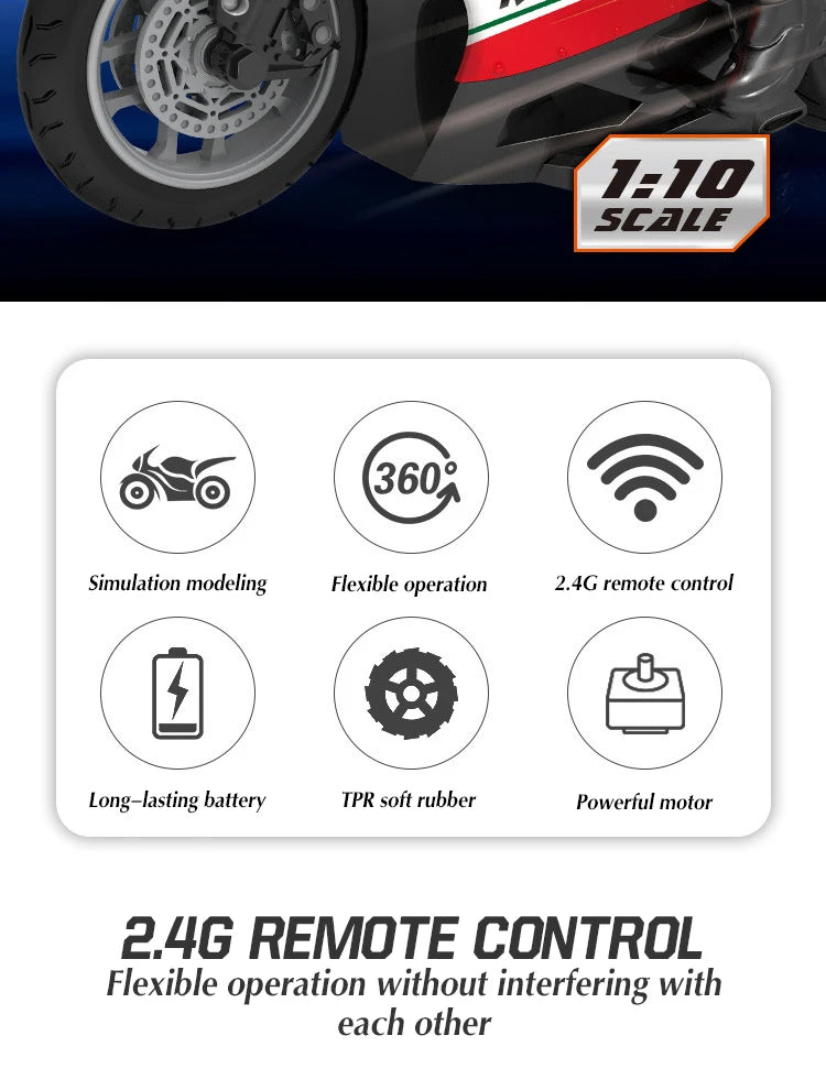 1/10 Scale Electric RC Motorcycle – High Speed 4-Channel Off-Road Remote Control Car
