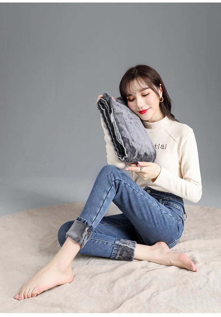 Thermal Fleece-Lined High-Waist Skinny Jeans for Women – Warm Stretch Winter Pencil Pants