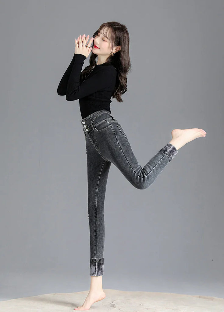 Thermal Fleece-Lined High-Waist Skinny Jeans for Women – Warm Stretch Winter Pencil Pants