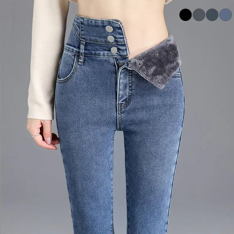 Thermal Fleece-Lined High-Waist Skinny Jeans for Women – Warm Stretch Winter Pencil Pants