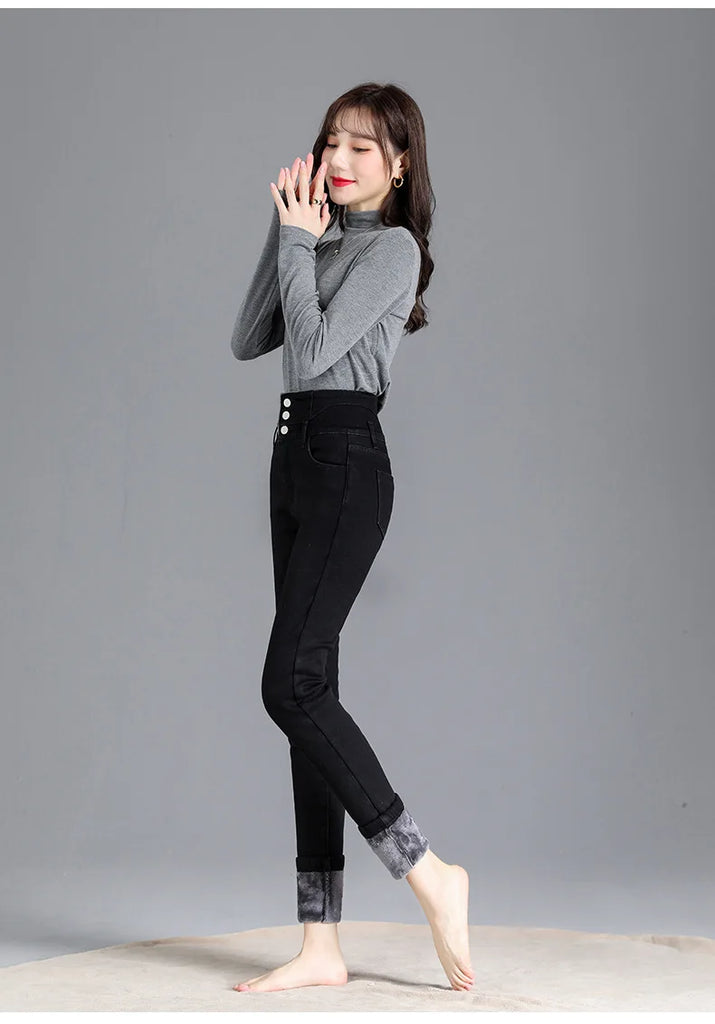 Thermal Fleece-Lined High-Waist Skinny Jeans for Women – Warm Stretch Winter Pencil Pants