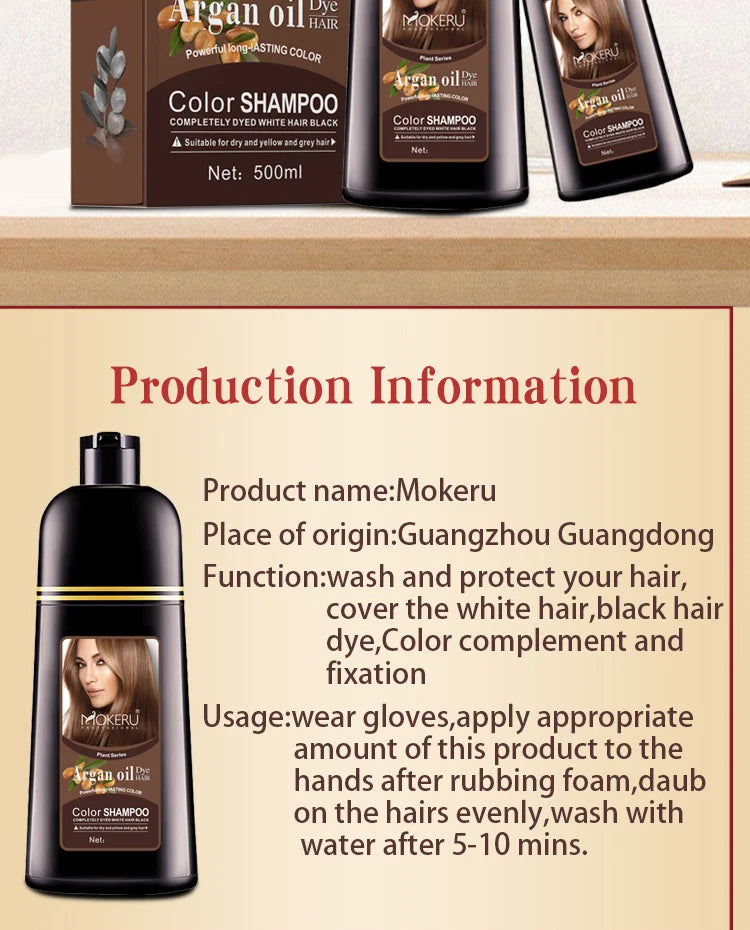 Mokeru Natural Organic Hair Color Shampoo – Permanent Long-Lasting Dye for Women & Men, Argan Oil Infused, 500ml