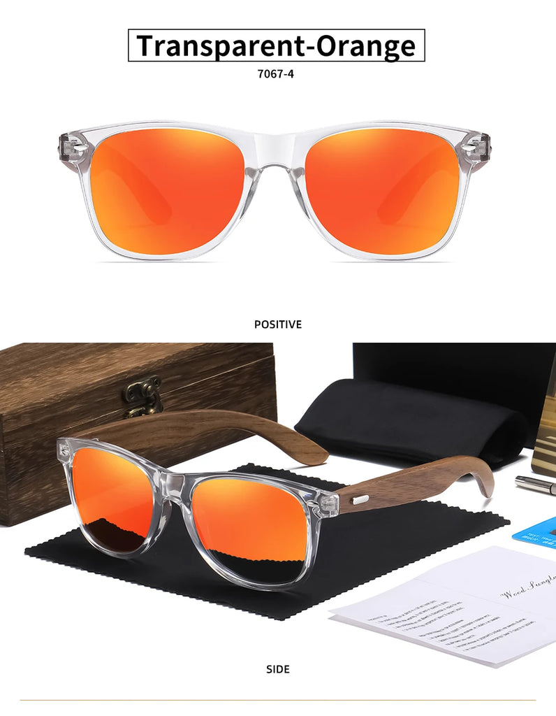 GM Transparent Color Frame Polarized Sunglasses – Handmade Wood Style UV400 Outdoor Shades with Box