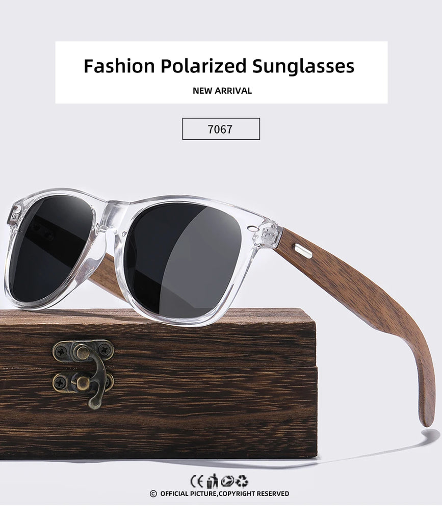 GM Transparent Color Frame Polarized Sunglasses – Handmade Wood Style UV400 Outdoor Shades with Box