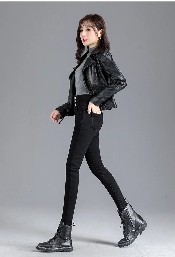 Thermal Fleece-Lined High-Waist Skinny Jeans for Women – Warm Stretch Winter Pencil Pants