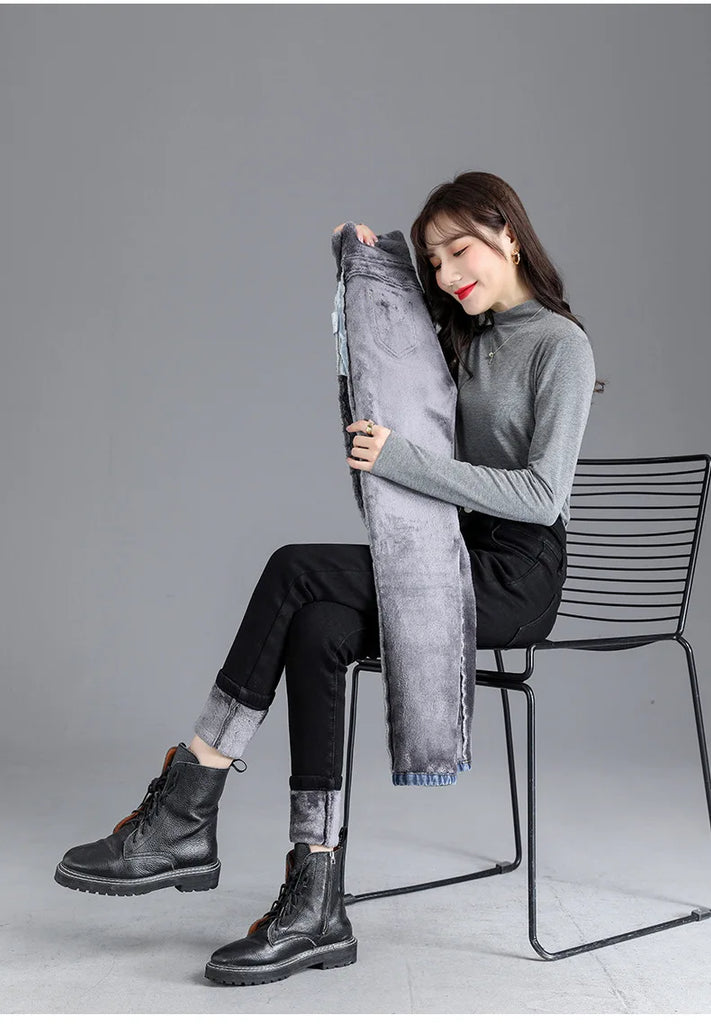 Thermal Fleece-Lined High-Waist Skinny Jeans for Women – Warm Stretch Winter Pencil Pants